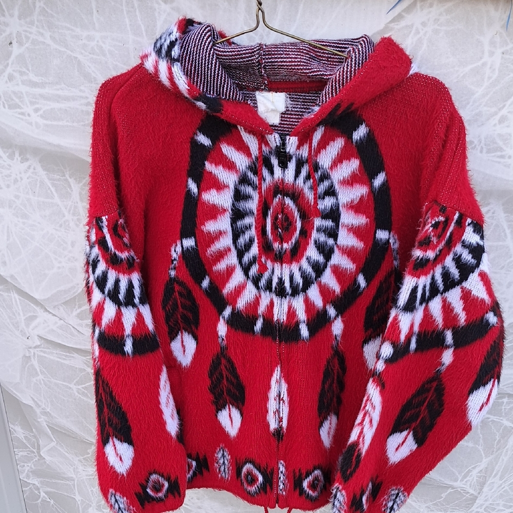 Native Spirit Arts Wool Red and Black Feather Patterned Sweater/Jacket.  Medium